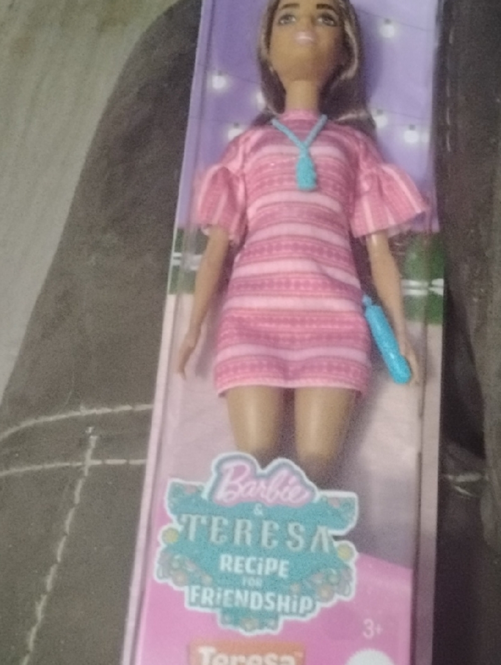 Barbie Teresa Pink Striped Dress with Teal Necklace and Purse